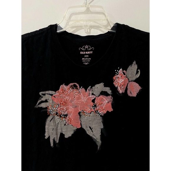 Black Short sleeve tee by Old Navy in Medium with Floral bead design - Picture 2 of 5